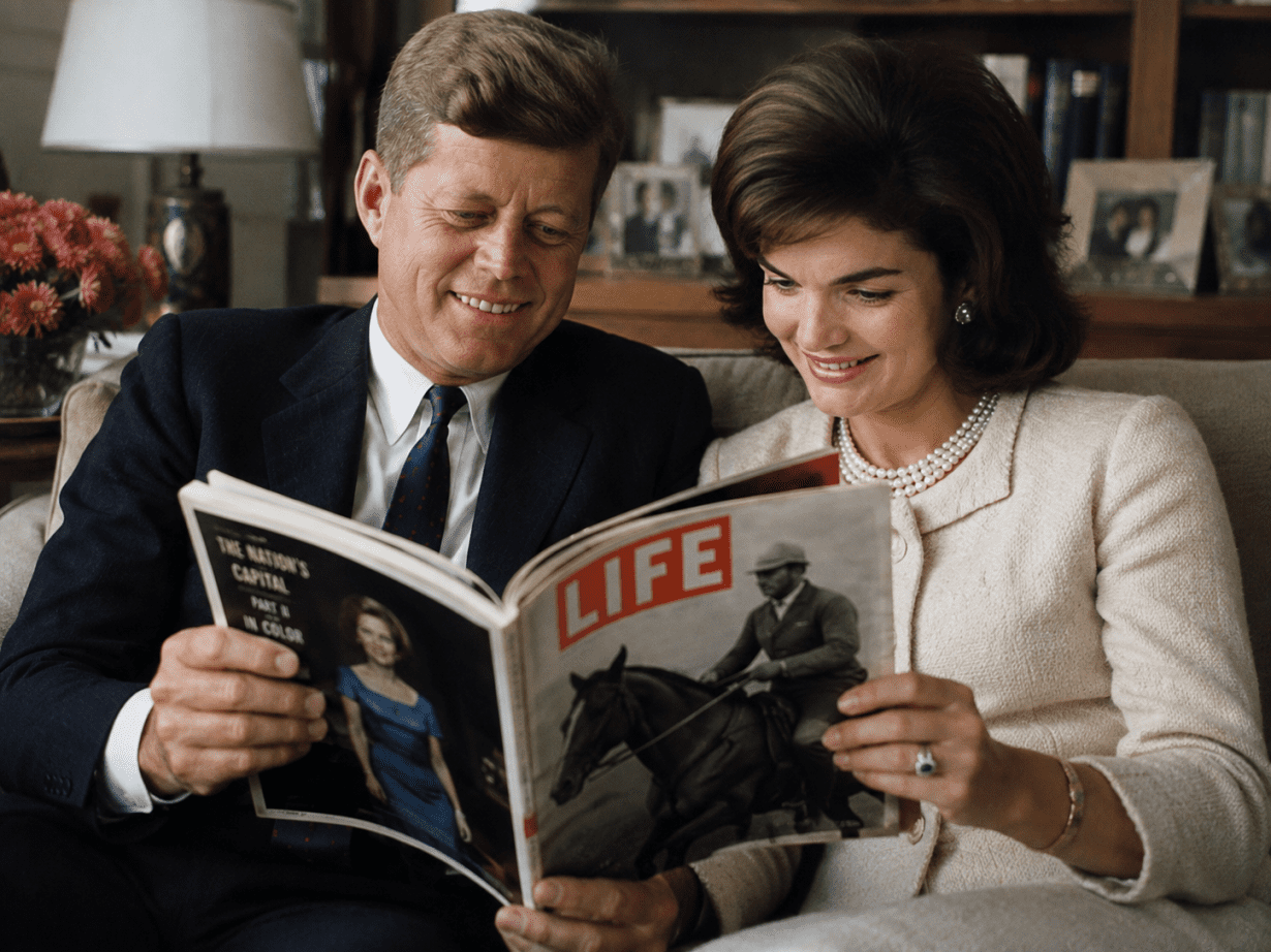 John F. Kennedy and Jacqueline Kennedy reading an original LIFE Magazine