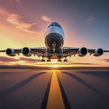 Airplane Jet Takeoff at Sunrise