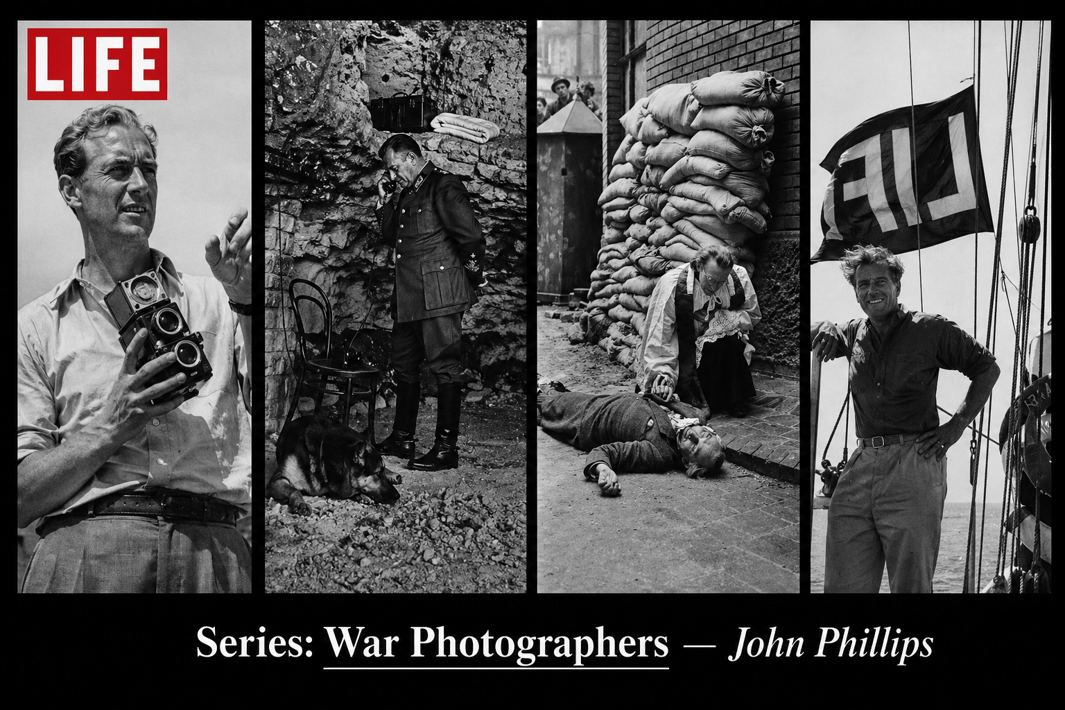 John Phillips LIFE magazine war photographer banner featuring WWII and historic conflict photography