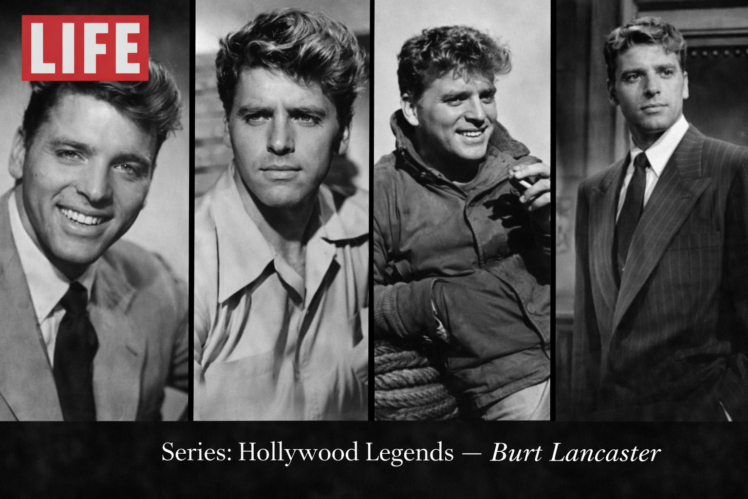 Burt Lancaster Hollywood Legends LIFE Magazine grid featuring classic film roles and portraits