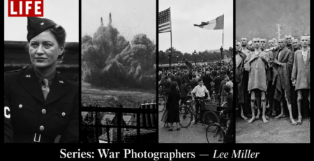 Lee Miller war photographer banner with World War II images and LIFE Magazine visual style