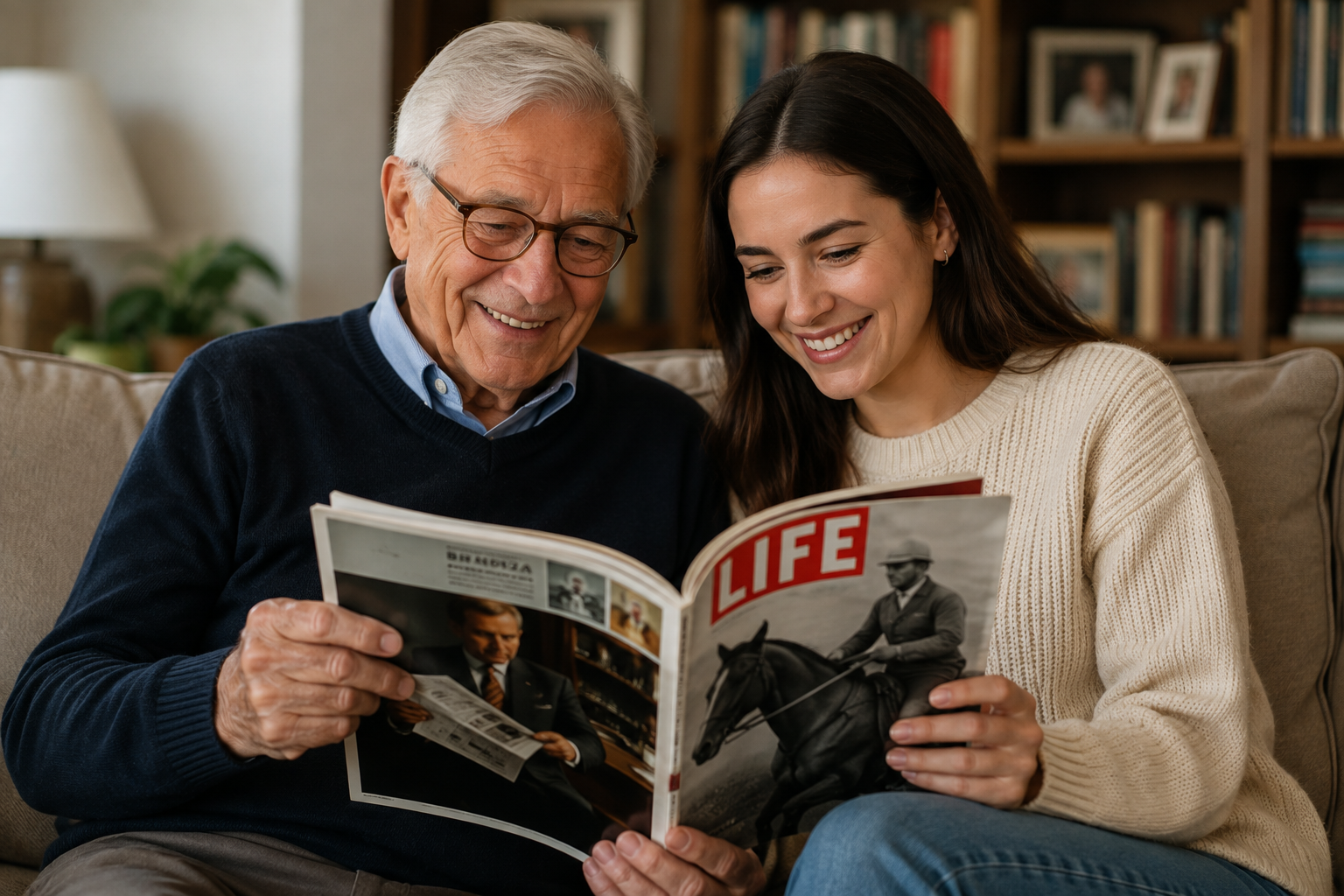 Original LIFE Magazines – Generations Reading LIFE Older man and young woman reading an original LIFE Magazine together
